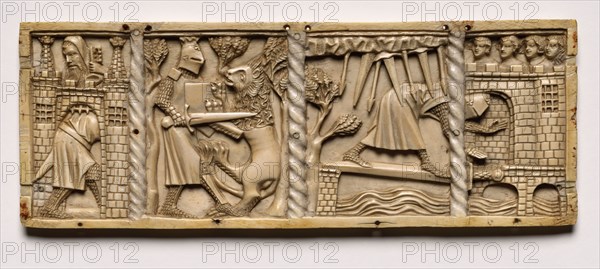 Panel from a Casket with Scenes from Courtly Romances, 1330. France, Lorraine?, Gothic period, 14th century. Ivory; overall: 9.7 x 25.9 x 0.8 cm (3 13/16 x 10 3/16 x 5/16 in.).
