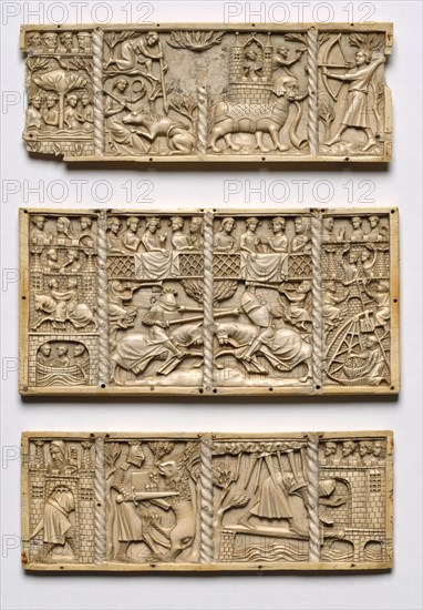 Set of Three Panels from a Casket with Scenes from Courtly Romances, c. 1330-50. France, Lorraine?, Gothic period, 14th century. Ivory; overall: 13 x 26.2 x 1 cm (5 1/8 x 10 5/16 x 3/8 in.).