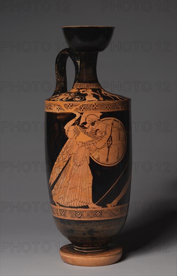 Lekythos, c. 490 BC. Attributed to Painter of Goluchow 37 (Greek, -530--450), attributed to Berlin Painter (Ancient Greek, -540--445). Earthenware with slip decoration; diameter: 14.1 cm (5 9/16 in.); diameter of mouth: 8.7 cm (3 7/16 in.); overall: 38 cm (14 15/16 in.); diameter of foot: 10 cm (3 15/16 in.).