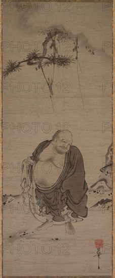 Hotei, late 1300s-early 1400s. Kichizan Mincho (Japanese, 1352-1431). Hanging scroll; ink and slight color on paper; image: 77.5 x 31 cm (30 1/2 x 12 3/16 in.); overall: 160 x 43.8 cm (63 x 17 1/4 in.).