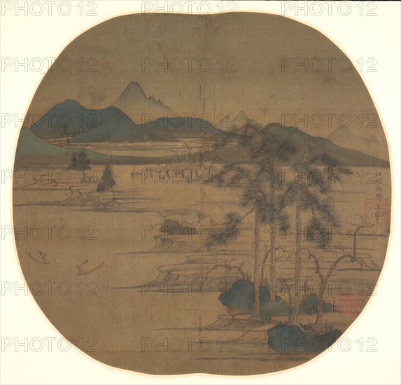 River Village:  Fisherman's Joy, 1279-1322. Zhao Mengfu (Chinese, 1254-1322). Fan painting mounted as album leaf; overall: 28.6 x 30 cm (11 1/4 x 11 13/16 in.).