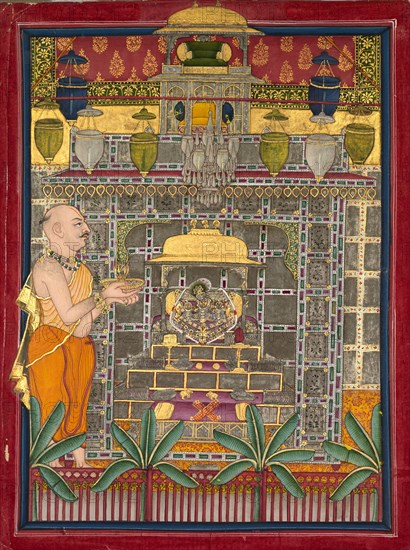 Maharao Kishor Singh dressed as a Vallabha priest worshipping Krishna as Brijrajji, mid 1800s. Rajasthan, Kota, mid 19th century. Color on paper; overall: 24.5 x 18.8 cm (9 5/8 x 7 3/8 in.).