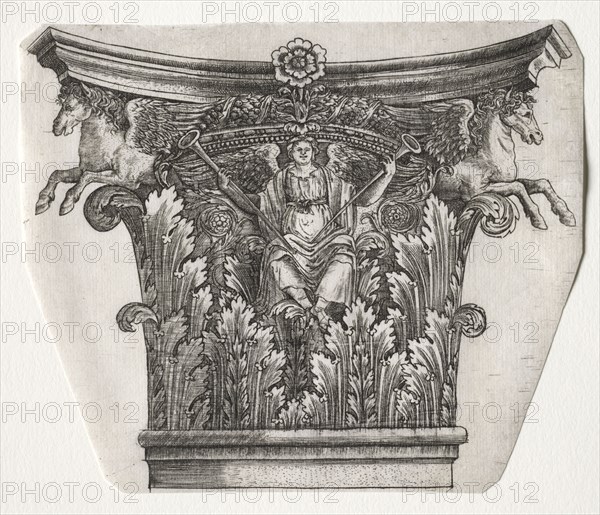 Base and Capital with Figure of Fame and Winged Horses (capital), c. 1525-1550. Master G. A. with the man-trap (Italian, active 1525-50). Engraving