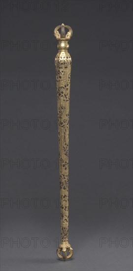 Ritual Mace, early 1400s. Sino-Tibetan, Derge School, Yongle period (1403-1427). Iron alloy with gold inlay; overall: 38.5 cm (15 3/16 in.).