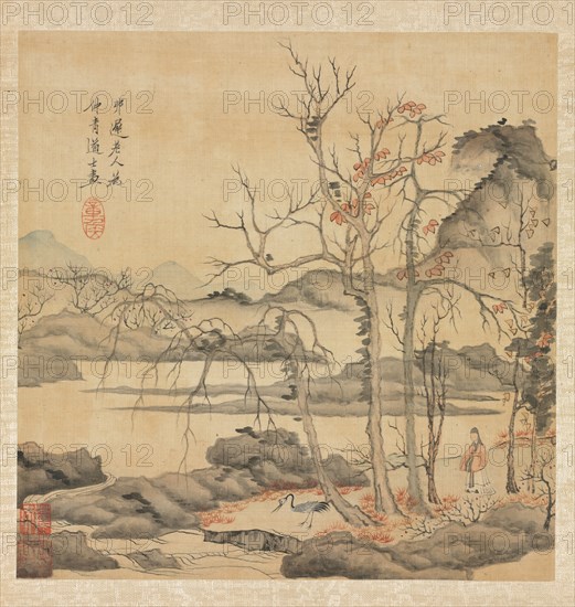 Paintings after Ancient Masters: Daoist and Crane in Autumn Landscape, 1598-1652. Chen Hongshou (Chinese, 1598/99-1652). Album leaf, ink and color on silk; overall: 30.2 x 26.7 cm (11 7/8 x 10 1/2 in.).