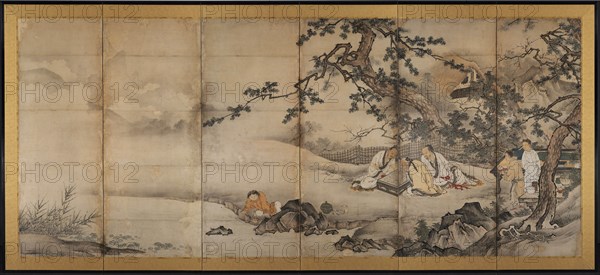 The Four Accomplishments, late 1500s. Attributed to Kano Shoei (Japanese, 1519-1592). Six-panel folding screen, ink and slight color on paper; image: 153 x 358.6 cm (60 1/4 x 141 3/16 in.); overall: 174 x 378.5 cm (68 1/2 x 149 in.).