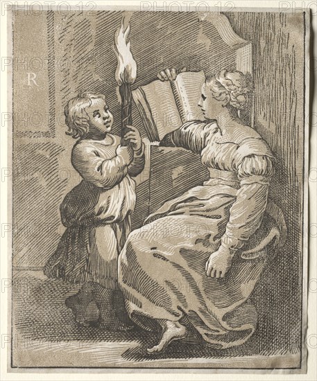 Sibyl Reading with a Child Holding a Torch, 1518-27. Ugo da Carpi (Italian, c. 1479-c. 1532). Chiaroscuro woodcut; sheet: 27.5 x 22.6 cm (10 13/16 x 8 7/8 in.); platemark: 26.8 x 21.8 cm (10 9/16 x 8 9/16 in.)