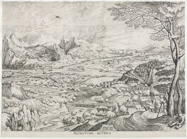 The Large Landscapes:  Solicitudo Rustica, c. 1555-1558. Attributed to Jan van Doetechum (Flemish, 1530-1616), and Lucas van Doetechum (Flemish), after Pieter Bruegel (Flemish, 1527/8-1569). Engraving and etching