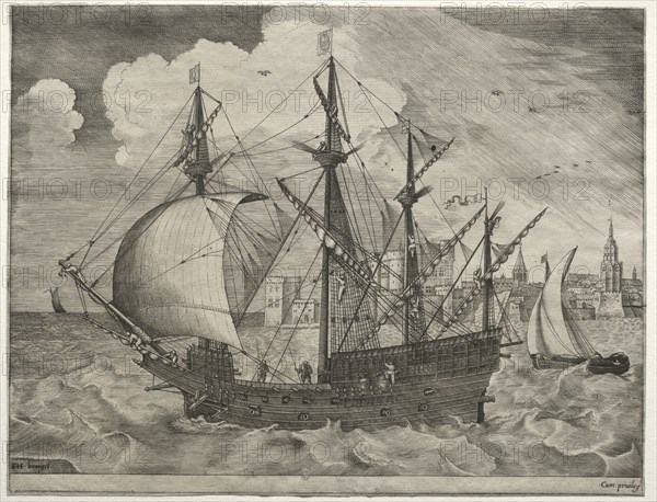 Sailing Vessels: Armed Four-Master Putting Out to Sea, 1561-65. After Pieter Bruegel (Flemish, 1527/8-1569), Frans Huys (Flemish, 1522-1562). Engraving