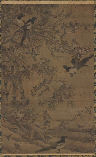 Hundred Birds and the Three Friends, first quarter of the 1400s. Bian Wenjin (Chinese, about 1354-1428). Hanging scroll, ink and color on silk; overall: 152.1 x 95.3 cm (59 7/8 x 37 1/2 in.).