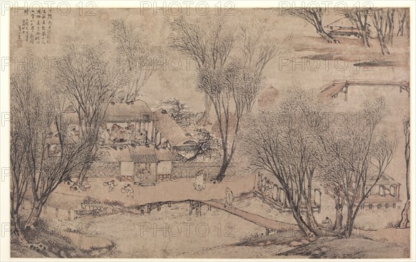 New Year's Day in a Village at Stone Lake, 1609. Li Shida (Chinese, c. 1549-c. 1621). Album leaf, ink and light color on paper; overall: 33.3 x 53 cm (13 1/8 x 20 7/8 in.).