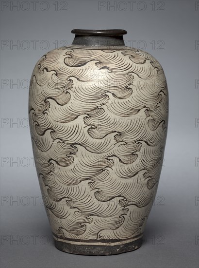 Vase (Meiping) with Waves, 1200s-1300s. China, Jiangxi province, Yonghezhen, Yuan dynasty (1271-1368). Glazed stoneware with slip painted decoration, Jizhou ware; diameter: 16.7 cm (6 9/16 in.); overall: 26.3 cm (10 3/8 in.).