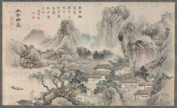 One of Eight Views of Xiao and Xiang Rivers, 1788. Tani Buncho (Japanese, 1763-1841). Sections of a handscroll mounted as hanging scrolls; ink and color on paper; image: 29.5 x 49 cm (11 5/8 x 19 5/16 in.); overall: 129 x 67 cm (50 13/16 x 26 3/8 in.).