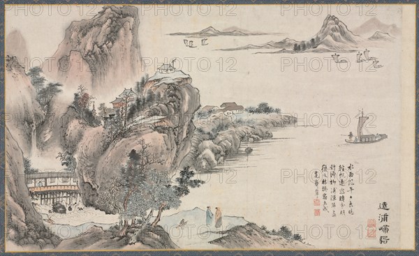 One of Eight Views of Xiao and Xiang Rivers, 1788. Tani Buncho (Japanese, 1763-1841). Sections of a handscroll mounted as hanging scrolls; ink and color on paper; image: 29.5 x 49 cm (11 5/8 x 19 5/16 in.); overall: 129 x 67 cm (50 13/16 x 26 3/8 in.).