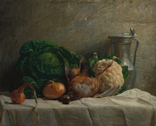 Still Life with Vegetables, Partridge, and a Jug, 1858. Adolphe-Félix Cals (French, 1810-1880). Oil on fabric; unframed: 49.5 x 61 cm (19 1/2 x 24 in.)