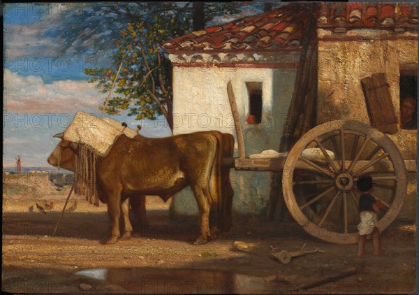 Oxen before a Farmhouse at Le Verrier, c. 1853. Alexandre-Gabriel Decamps (French, 1803-1860). Oil on wood panel; framed: 49 x 64 x 6 cm (19 5/16 x 25 3/16 x 2 3/8 in.); unframed: 35 x 49.9 cm (13 3/4 x 19 5/8 in.)