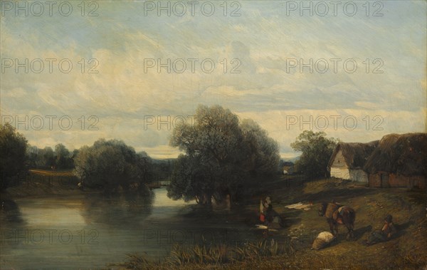 Cottage by the River with Washerwomen, 1835. Camille Flers (French, 1802-1868). Oil on fabric; unframed: 29.8 x 46.1 cm (11 3/4 x 18 1/8 in.)