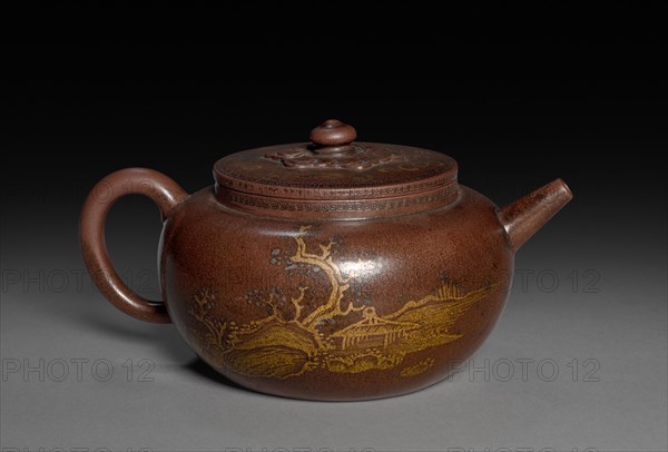 Teapot with Gold Leaf Landscape and Imperial Poem, 1762-95. China, Qing Dynasty (1644-1911), Qianlong reign (1736-95). Stoneware with gold leaf decoration, Yixing ware; diameter: 10.8 cm (4 1/4 in.); overall: 7.5 cm (2 15/16 in.); with spout: 15 cm (5 7/8 in.)