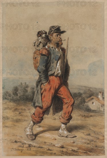 Soldier with Dog, 1853. Joseph-Louis-Hippolyte Bellangé (French, 1800-1866). Black chalk and watercolor heightened with white gouache; sheet: 39.3 x 26.6 cm (15 1/2 x 10 1/2 in.); secondary support: 45.6 x 32.3 cm (17 15/16 x 12 11/16 in.).
