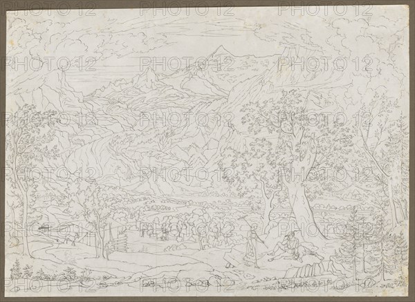 The Grindelwald Glacier with Hunter and Peasant Girl in Foreground, ca. 1823. Joseph Anton Koch (Austrian, 1768-1839). Pen and gray ink over graphite, squared in graphite; sheet: 41.2 x 57 cm (16 1/4 x 22 7/16 in.).