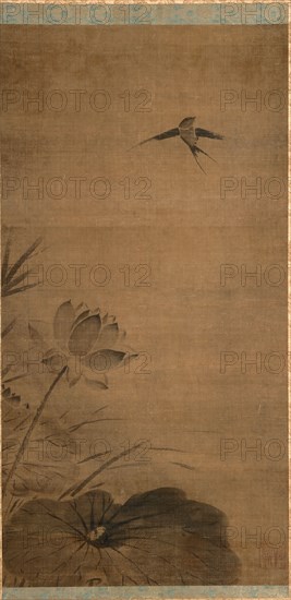 Swallow and Lotus, mid-1200s. Attributed to Fachang Muqi (Chinese, 1220-1280). Hanging scroll, ink on silk; image: 91.8 x 47 cm (36 1/8 x 18 1/2 in.); mounted: 195.5 x 63.6 cm (76 15/16 x 25 1/16 in.).