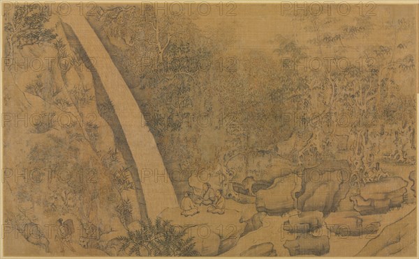 Dwelling in the Longmian ("Sleeping Dragon") Mountains, 1100s-1200s. Follower of Li Gonglin (Chinese, c. 1049-1106). Handscroll mounted as an album leaf, ink and color on silk; image: 26.5 x 43 cm (10 7/16 x 16 15/16 in.); mounted: 38.3 x 53.8 cm (15 1/16 x 21 3/16 in.).