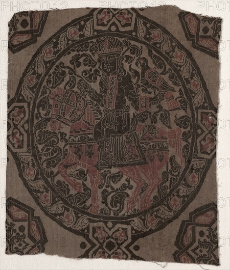 Fragment with Equestrian Falconer King, 800s. Iran or Iraq, Abbasid period, 9th century. Lampas weave, silk; overall: 34.5 x 28.5 cm (13 9/16 x 11 1/4 in.)