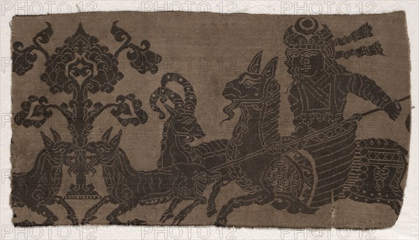 Fragment with Mounted Hunter Spearing Animals, 900s. Iran, Late Abbasid or early Buyid period, 10th century. Lampas weave, silk; overall: 39 x 22 cm (15 3/8 x 8 11/16 in.)