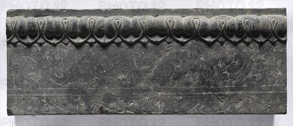 Section of a Coffin Platform: Horizontal Panel, 550-577. China, Northern Qi dynasty (550-577). Limestone; overall: 45.7 x 211.4 x 10.8 cm (18 x 83 1/4 x 4 1/4 in.); panel: 25.4 x 64.8 x 10.8 cm (10 x 25 1/2 x 4 1/4 in.).
