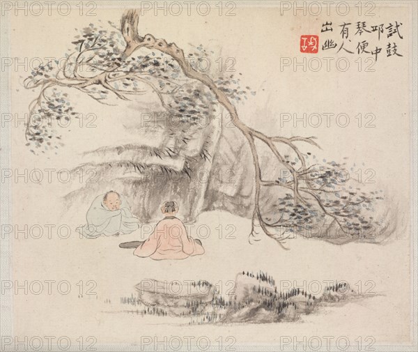 Album of Landscape Paintings Illustrating Old Poems: Two Figures Outside: One Listens while the Other Plays the Qin, 1700s. Hua Yan (Chinese, 1682-about 1765). Album leaf, ink and light color on paper; image: 11.2 x 13.1 cm (4 7/16 x 5 3/16 in.); album, closed: 15 x 18.5 cm (5 7/8 x 7 5/16 in.).
