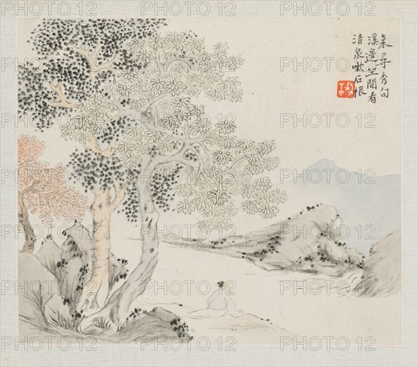 Album of Landscape Paintings Illustrating Old Poems:  Three Big Trees, a Stream with an Old Man Sitting on the Bank, 1700s. Hua Yan (Chinese, 1682-about 1765). Album leaf, ink and light color on paper; image: 11 x 13.1 cm (4 5/16 x 5 3/16 in.); album, closed: 15 x 18.5 cm (5 7/8 x 7 5/16 in.).