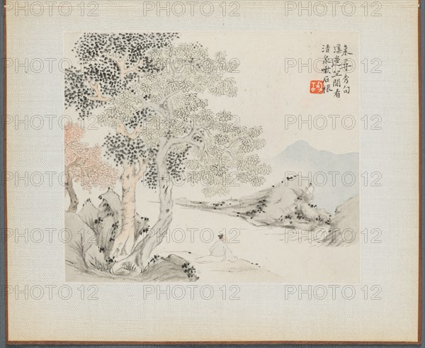 Album of Landscape Paintings Illustrating Old Poems:  Three Big Trees, a Stream with an Old Man Sitting on the Bank, 1700s. Hua Yan (Chinese, 1682-about 1765). Album leaf, ink and light color on paper; image: 11 x 13.1 cm (4 5/16 x 5 3/16 in.); album, closed: 15 x 18.5 cm (5 7/8 x 7 5/16 in.).