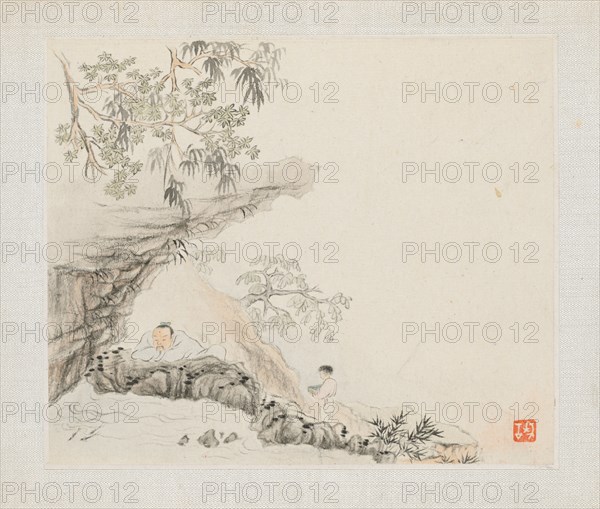 Album of Landscape Paintings Illustrating Old Poems:  A Man Lies under a Rocky Overhang; a Boy Stands to his Right, 1700s. Hua Yan (Chinese, 1682-about 1765). Album leaf, ink and light color on paper; image: 11.2 x 13.1 cm (4 7/16 x 5 3/16 in.); album, closed: 15 x 18.5 cm (5 7/8 x 7 5/16 in.).