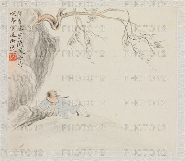 Album of Landscape Paintings Illustrating Old Poems: A Man Reclines beneath an Overhanging Branch, 1700s. Hua Yan (Chinese, 1682-about 1765). Album leaf, ink and light color on paper; image: 11.2 x 13.1 cm (4 7/16 x 5 3/16 in.); album, closed: 15 x 18.5 cm (5 7/8 x 7 5/16 in.).