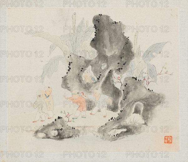 Album of Landscape Paintings Illustrating Old Poems: Children Play in a Rocky Grove, 1700s. Hua Yan (Chinese, 1682-about 1765). Album leaf, ink and light color on paper; image: 11.2 x 13.1 cm (4 7/16 x 5 3/16 in.); album, closed: 15 x 18.5 cm (5 7/8 x 7 5/16 in.).