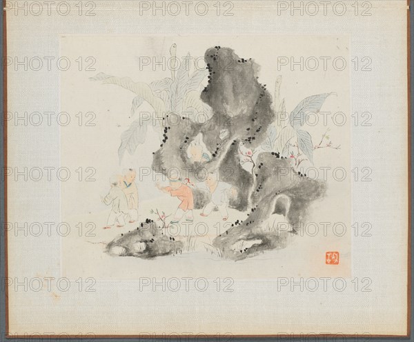 Album of Landscape Paintings Illustrating Old Poems: Children Play in a Rocky Grove, 1700s. Hua Yan (Chinese, 1682-about 1765). Album leaf, ink and light color on paper; image: 11.2 x 13.1 cm (4 7/16 x 5 3/16 in.); album, closed: 15 x 18.5 cm (5 7/8 x 7 5/16 in.).