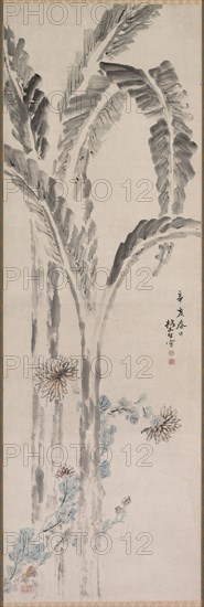 Banana Plant and Chrysanthemum (?), 19th century. Tsubaki Chinzan (Japanese, 1801-1854). Hanging scroll; ink and color on paper; painting only: 139.2 x 46.2 cm (54 13/16 x 18 3/16 in.); including mounting: 225.4 x 70.5 cm (88 3/4 x 27 3/4 in.).