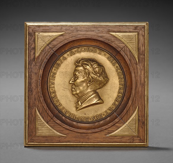 Medal of Corot, 1874. Adolphe-Victor Geoffroy-Dechaume (French, 1816-1892). Gilt bronze, wood; diameter: 9.8 cm (3 7/8 in.)