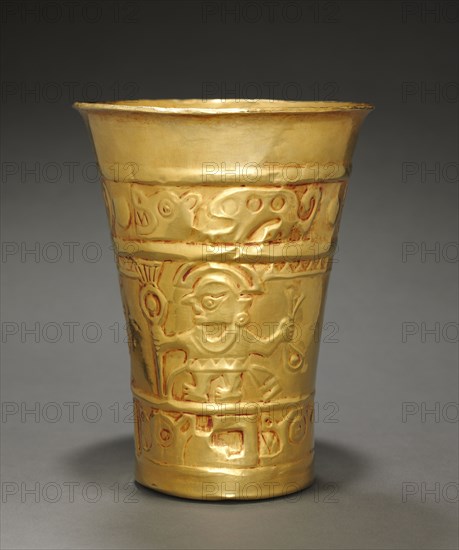 Beaker, c. 800-1370. Peru, North Coast, Sicán. Hammered and embossed gold alloy; overall: 15.2 x 12 cm (6 x 4 3/4 in.).