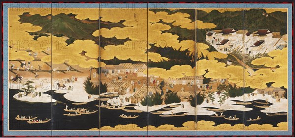 Views of Lake Biwa: Winter, first half of the 1600s. Circle of Kano Eino (Japanese, 1631-1697). Six-panel folding screen, ink and color on gilded paper; image: 152.4 x 345.6 cm (60 x 136 1/16 in.); overall: 165.7 x 358.2 cm (65 1/4 x 141 in.); closed: 170 x 11.7 x 61.6 cm (66 15/16 x 4 5/8 x 24 1/4 in.); panel: 165.7 x 59.7 cm (65 1/4 x 23 1/2 in.); with frame: 169.7 x 362.2 cm (66 13/16 x 142 5/8 in.).