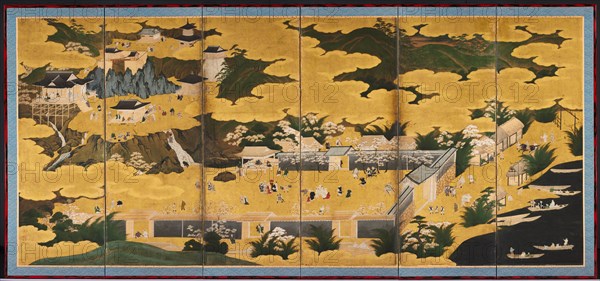 Views of Lake Biwa: Summer, first half of the 1600s. Circle of Kano Eino (Japanese, 1631-1697). Six-panel folding screen, ink and color on gilded paper; image: 152.8 x 344.1 cm (60 3/16 x 135 1/2 in.); overall: 165.8 x 357.6 cm (65 1/4 x 140 13/16 in.); closed: 170 x 11.7 x 61.6 cm (66 15/16 x 4 5/8 x 24 1/4 in.); panel: 165.8 x 59.6 cm (65 1/4 x 23 7/16 in.); with frame: 169.8 x 361.6 cm (66 7/8 x 142 3/8 in.).