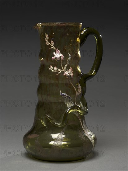 Ewer, c. 1890. Emile Gallé (French, 1846-1904). Applied glass and enamel decoration; diameter: 15.1 cm (5 15/16 in.); overall: 26.9 x 17 cm (10 9/16 x 6 11/16 in.).