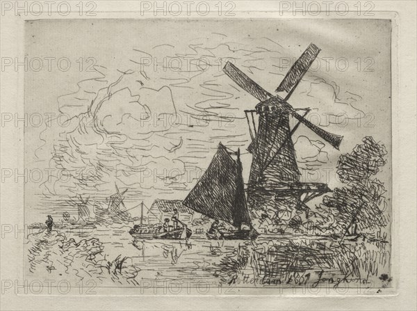Windmills in Holland. Johan Barthold Jongkind (Dutch, 1819-1891). Etching; sheet: 32.2 x 40.5 cm (12 11/16 x 15 15/16 in.); platemark: 14.5 x 19.6 cm (5 11/16 x 7 11/16 in.)
