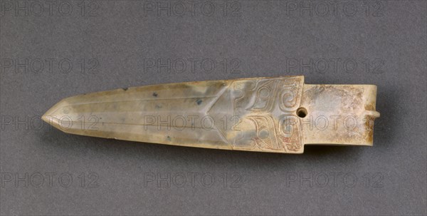 Ceremonial Dagger-Axe with Animal Masks (Ge), c. 1600-1050 BC. China, Shang dynasty (c.1600-c.1046 BC). Jade (nephrite); overall: 4.4 cm (1 3/4 in.).