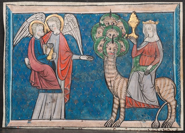 Miniatures from a Manuscript of the Apocalypse, c. 1295. France, Lorraine, 13th century. Ink, tempera, and gold on vellum; sheet: 10.2 x 14.7 cm (4 x 5 13/16 in.); framed: 52.4 x 39.7 cm (20 5/8 x 15 5/8 in.); matted: 48.9 x 36.2 cm (19 1/4 x 14 1/4 in.)