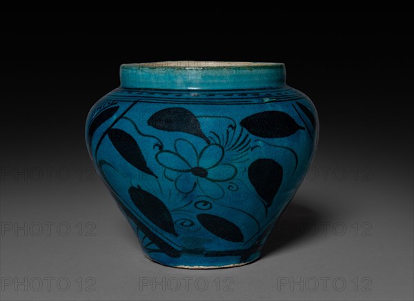 Jar: Cizhou ware, 1271-1368. China, Yuan dynasty (1271-1368). Stoneware with slip coating, turquoise glaze and painted underglaze decoration; diameter: 14.4 cm (5 11/16 in.); overall: 12.2 cm (4 13/16 in.).