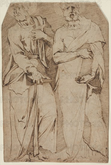 Two Standing Saints, 1563-1572?. Giovanni Bandini (Italian, c. 1540-1599). Pen and brown ink with traces of black chalk (abraded in haloes); traces of framing lines in black ink and gold paint; sheet: 40.8 x 26.8 cm (16 1/16 x 10 9/16 in.).