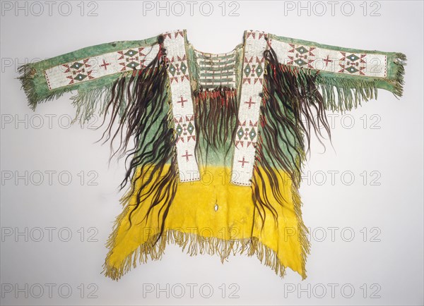 Hide Shirt, c. 1890. America, Native North American, Central Plains, Lakota Sioux, 19th century. Hide, pigment, glass beads, human hair; overall: 97.8 x 150 cm (38 1/2 x 59 1/16 in.)
