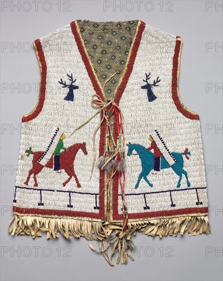 Beaded Child's Vest, c 1890-1900. America, Native North American, Plains, Lakota(Sioux), Post-Contact. Beaded leather; cotton lining; overall: 43.2 x 40.6 cm (17 x 16 in.).