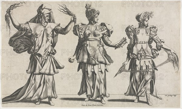 The Three Fates, Costume Designs, c. 1534. Pierre Milan (French), after Rosso Fiorentino (Italian, 1494-1540). Engraving; sheet: 25.5 x 42.6 cm (10 1/16 x 16 3/4 in.)